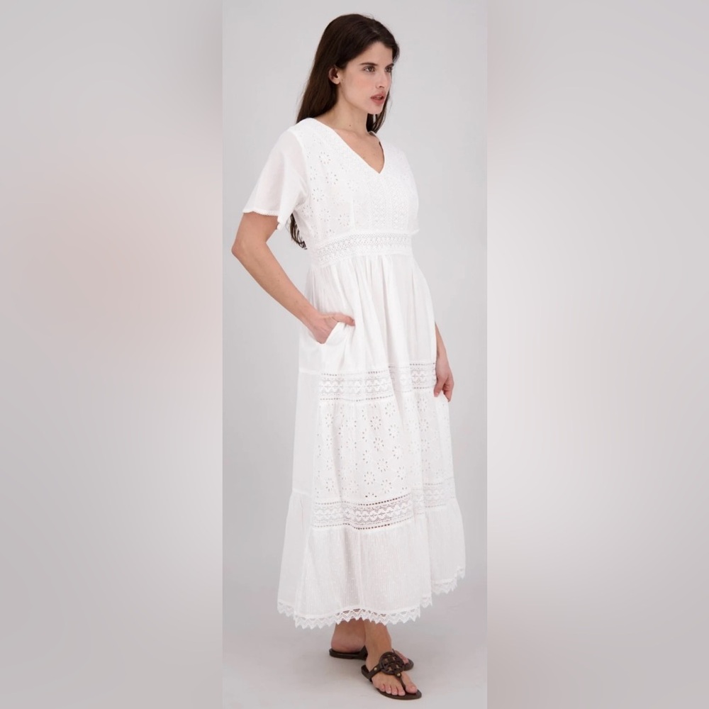 Ananta size‎ S/M White Boho Eyelet V-Neck Maxi Dress NWT Cotton Vacation Lined